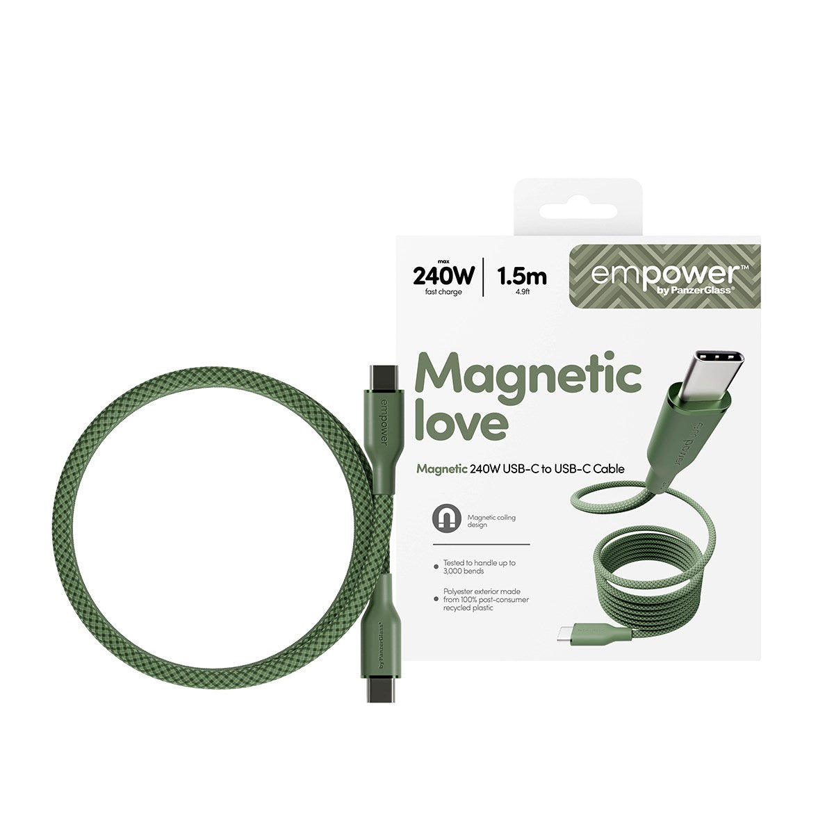 empower™ by PanzerGlass® Magnetic 240W USB-C to USB-C Cable | USB 2.0 | 1.5M | Sage